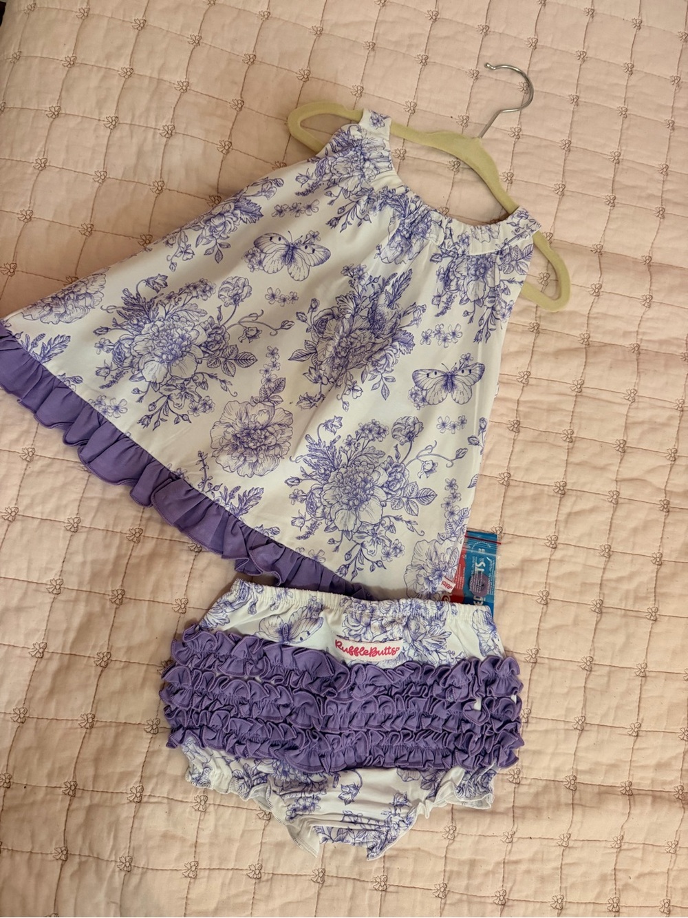 Ruffle Butts White Dress with Purple Floral Print & Purple Ruffle Bloomers